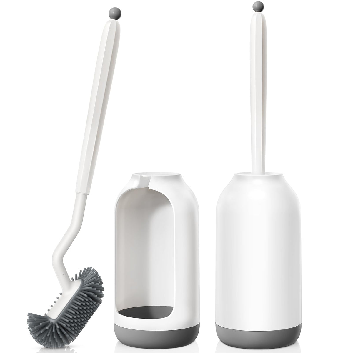 HAMITOR Toilet Bowl Brush Holder Set: Deep Cleaning Silicone Toilet Cleaner Scrubber Under Rim with Curved Bristle for Bathroom Dead Corner Clean - Modern Rv Toilet Decorative Accessories - White