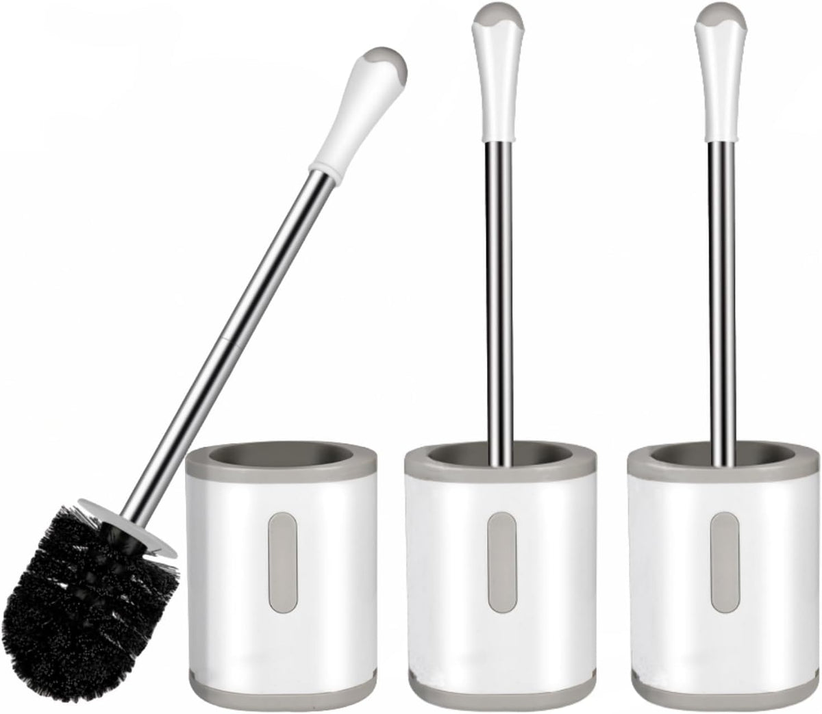 AONEZ Compact Toilet Brush & Holder, Stainless Steel Handle, Space Saving for Storage, Deep Cleaning, Drip-Proof, Easy to Assemble, Nylon Bristles, White & Grey