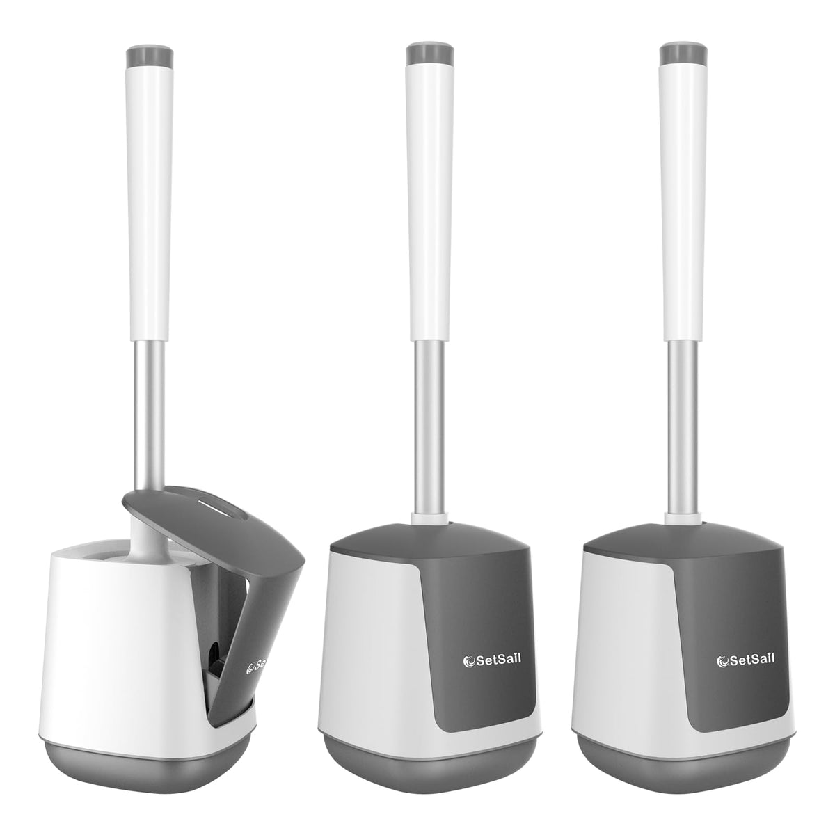 SetSail Toilet Brush and Holder, Self Closing Lid Toilet Bowl Brushes Holder and Extra Long Handle Ventilated Toilet Brush Set for Bathroom Cleaning, Nylon Bristles, White & Grey