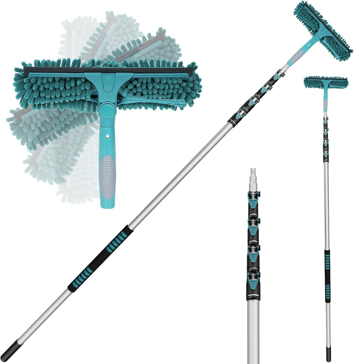TelesPro 20 Feet High Reach Window Squeegee with 5-12Ft Extension Pole, Window Cleaner Tool with 3-Stage Telescoping Pole, Window Cleaning Kit with Rotatable Head (2 Squeegee & 2 Microfibre Cloths)
