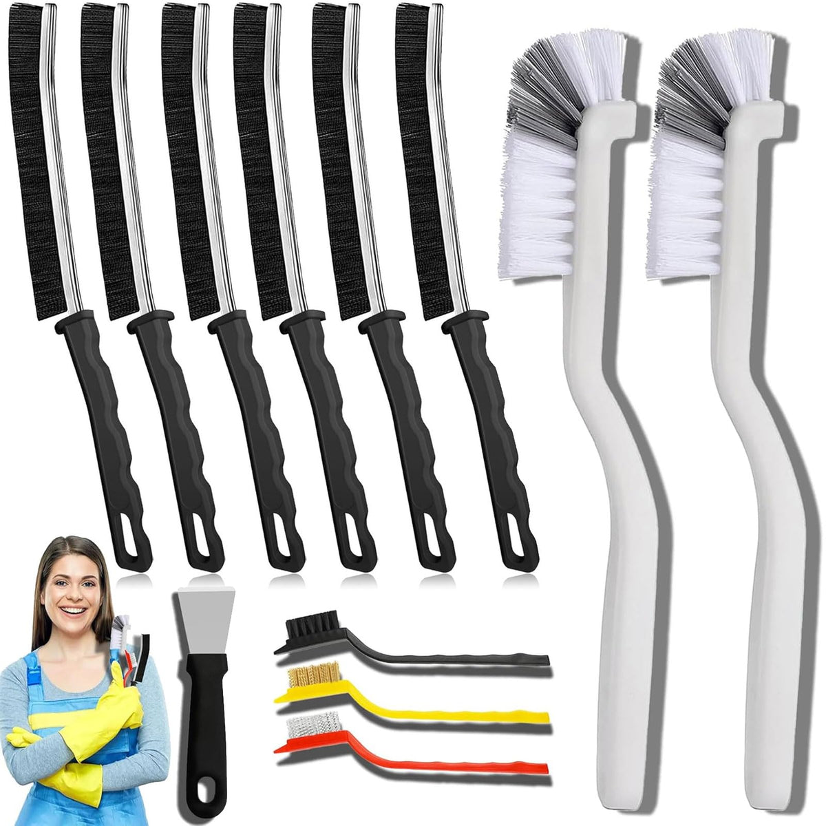 Commercial-Grade Crevice Cleaning Brush Set, Ultra-Stiff Heavy-Duty Gap Scrubber Tools for Bathroom Grout, Window Tracks & Auto Detailing, Zero Cross-Contamination,12Pcs