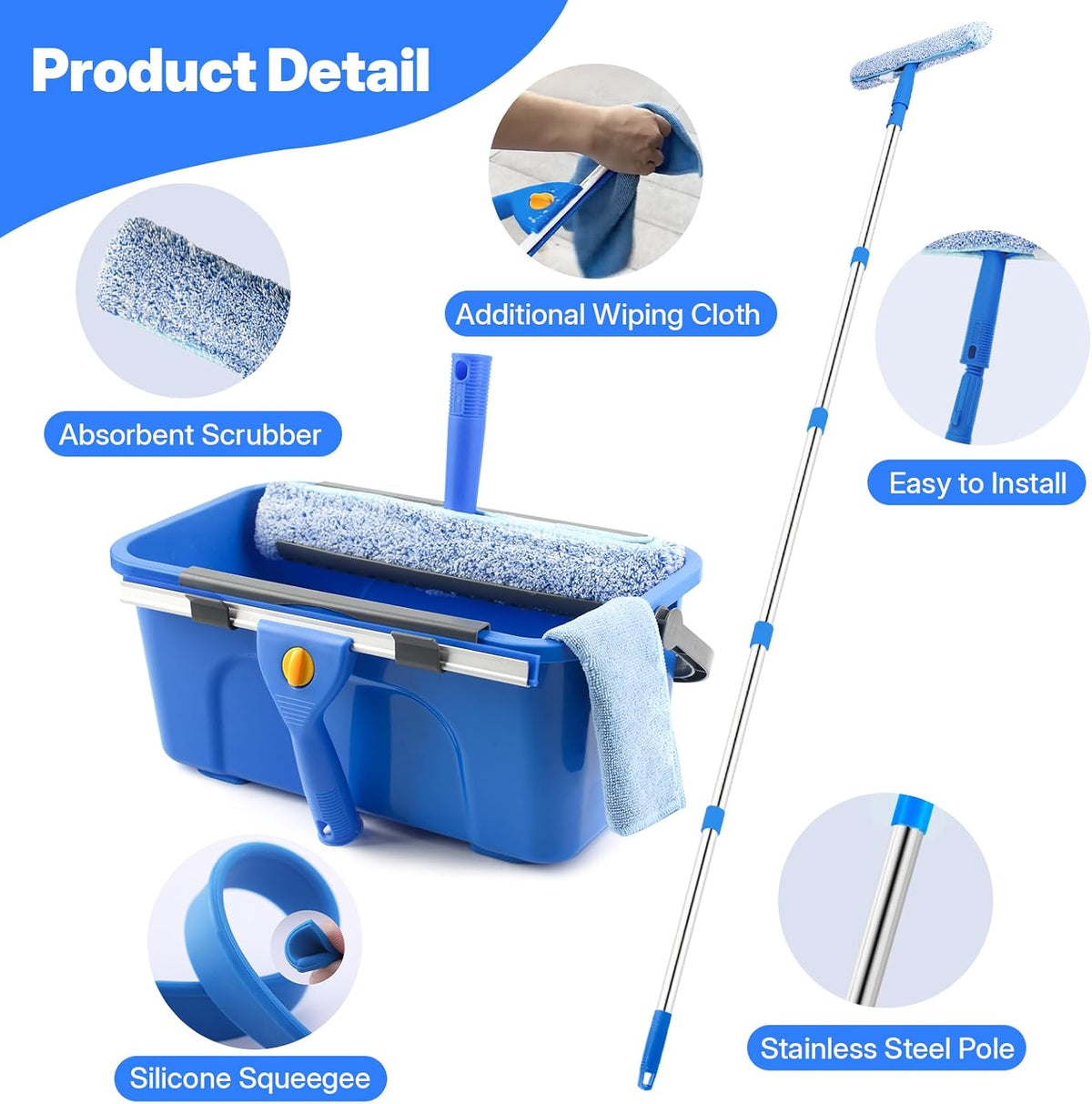 Window Cleaning Kit with Bucket, Squeegee and Scrubber for Home, Commercial