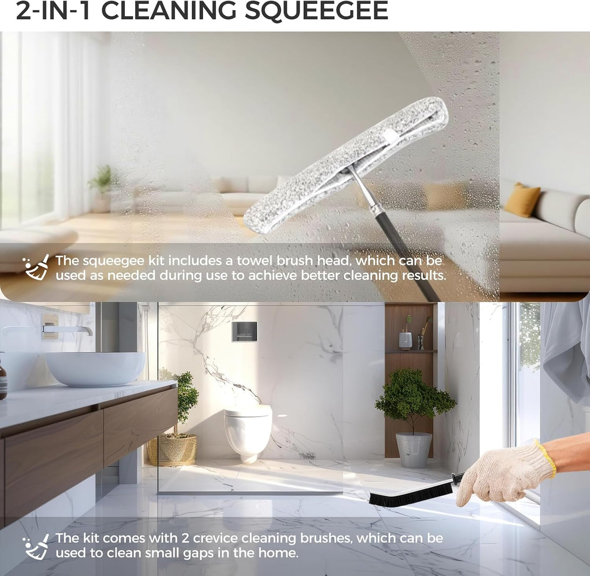 17“- 60" Extendable Long Handle 2-in-1 Window Squeegee Silver