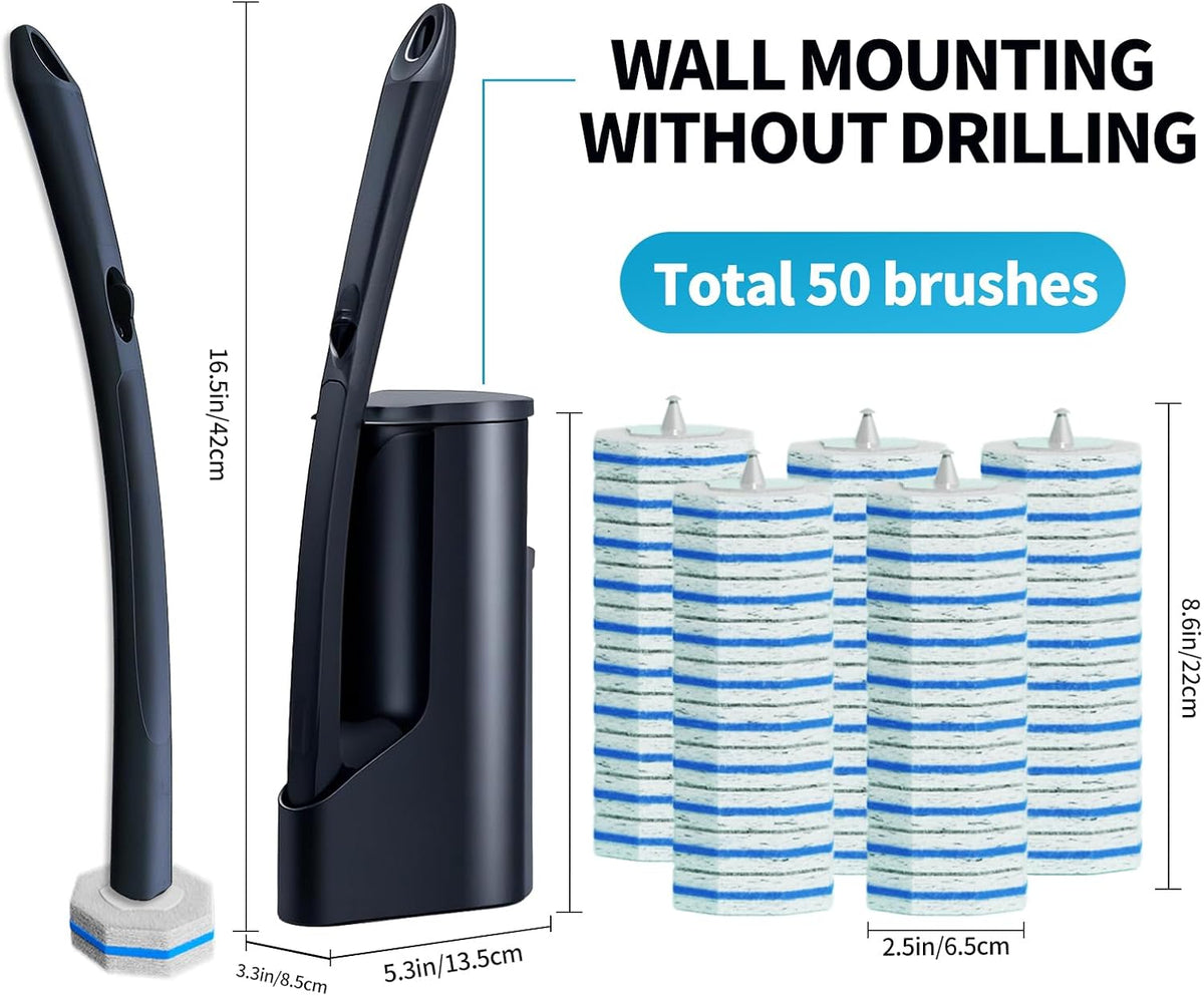 Disposable Toilet Brush with 50 Cleaner Refills Pads,Wall Mounted Toilet Bowl Holder Set,Toilet Cleaning System Starter Kit,Bathroom Cleaning System for Sink Bathtub Wash Basin