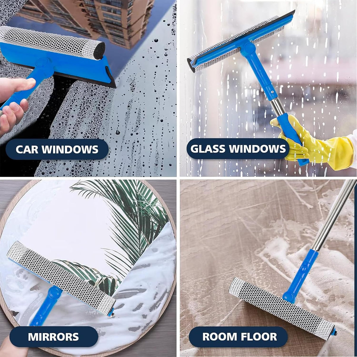 2 in 1 Window Squeegee with 55"&10" Steel Handle for Gas Station,Home,Car