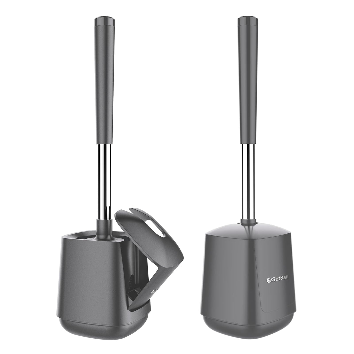 SetSail Toilet Brush and Holder, Self Closing Lid Toilet Bowl Brushes Holder and Extra Long Handle Ventilated Toilet Brush Set for Bathroom Cleaning, Nylon Bristles, Black