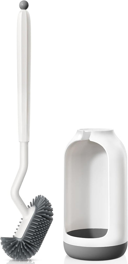 HAMITOR Toilet Bowl Brush Holder Set: Deep Cleaning Silicone Toilet Cleaner Scrubber Under Rim with Curved Bristle for Bathroom Dead Corner Clean - Modern Rv Toilet Decorative Accessories - White