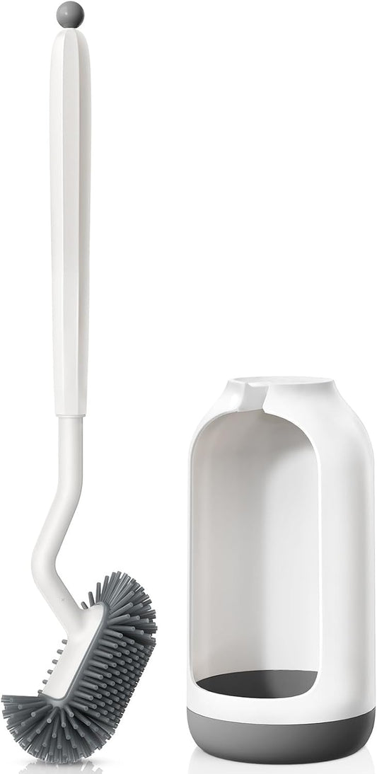 HAMITOR Toilet Bowl Brush Holder Set: Deep Cleaning Silicone Toilet Cleaner Scrubber Under Rim with Curved Bristle for Bathroom Dead Corner Clean - Modern Rv Toilet Decorative Accessories - White