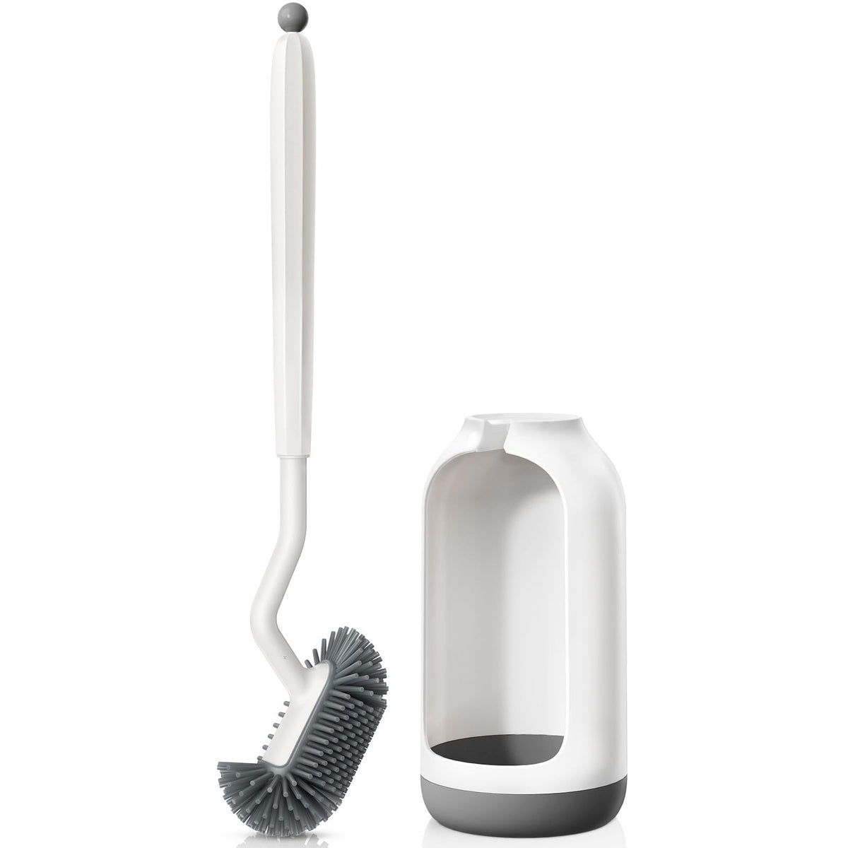 HAMITOR Toilet Bowl Brush Holder Set: Deep Cleaning Silicone Toilet Cleaner Scrubber Under Rim with Curved Bristle for Bathroom Dead Corner Clean - Modern Rv Toilet Decorative Accessories - White