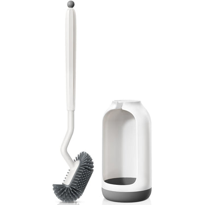 HAMITOR Toilet Bowl Brush Holder Set: Deep Cleaning Silicone Toilet Cleaner Scrubber Under Rim with Curved Bristle for Bathroom Dead Corner Clean - Modern Rv Toilet Decorative Accessories - White