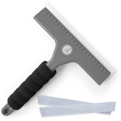 Squeegee for Shower Door, Car Windshield, and Glass Window - 2 Extra Silicone Replacement Blades - Foam Handle - Black