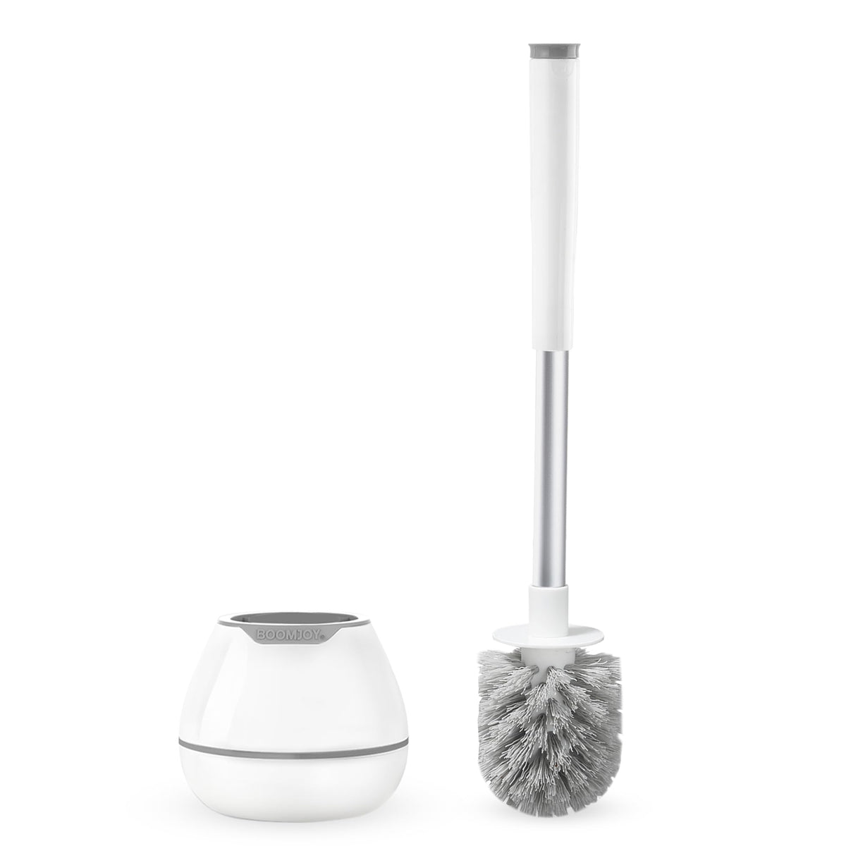 BOOMJOY Toilet Brush and Holder Set, Silicone Toilet Bowl Cleaner Brush, Bathroom Cleaning Bowl Kit with Tweezers, Bathroom Accessories with Aluminum Handle - White