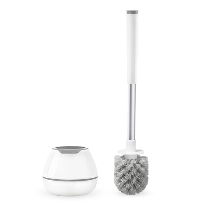 BOOMJOY Toilet Brush and Holder Set, Silicone Toilet Bowl Cleaner Brush, Bathroom Cleaning Bowl Kit with Tweezers, Bathroom Accessories with Aluminum Handle - White