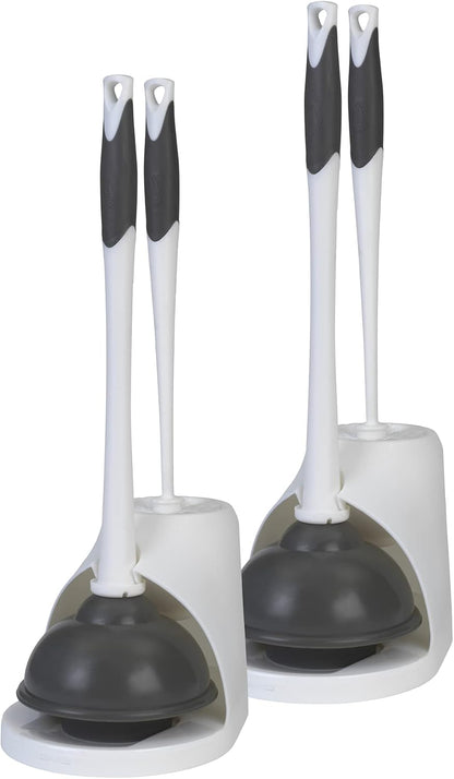 Clorox Toilet Plunger and Brush Bowl Set with Holder Caddy Storage for Cleaning Bathroom and Unclogging Toilets, White and Gray