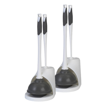 Clorox Toilet Plunger and Brush Bowl Set with Holder Caddy Storage for Cleaning Bathroom and Unclogging Toilets, White and Gray