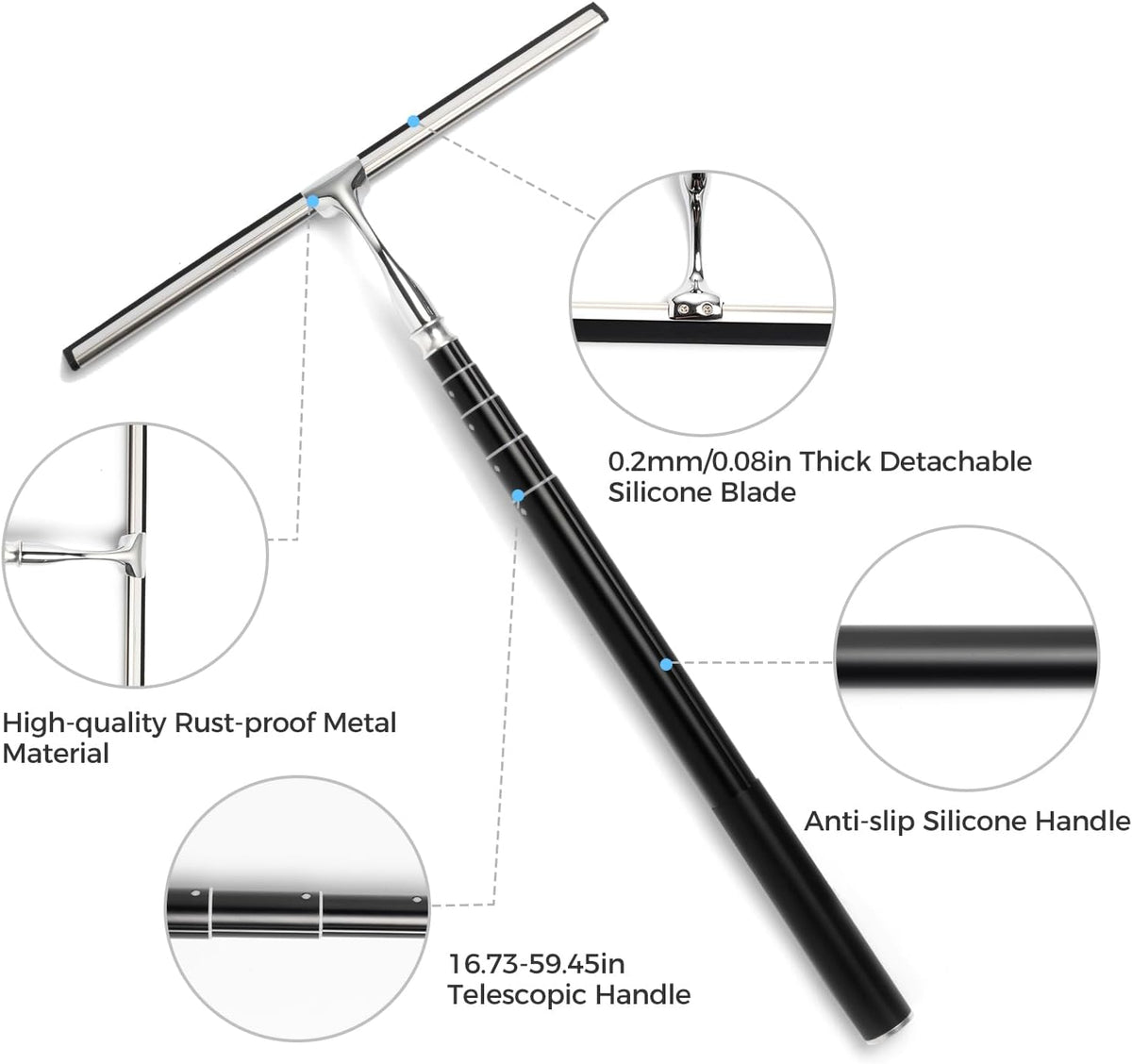 17“- 60" Extendable Long Handle 2-in-1 Window Squeegee Silver
