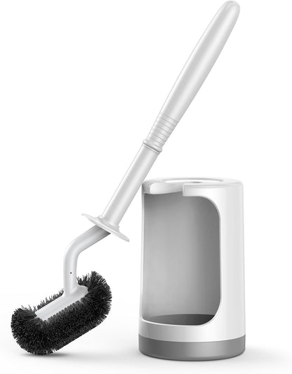 HAMITOR Toilet Bowl Brush Holder Set: Curved Design with Holder for Deep Cleaning Under Rim - Compact Hidden Scrubber for Small Space - Modern RV Bathroom Accessories - White 1 Pack