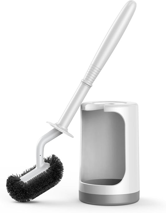 HAMITOR Toilet Bowl Brush Holder Set: Curved Design with Holder for Deep Cleaning Under Rim - Compact Hidden Scrubber for Small Space - Modern RV Bathroom Accessories - White 1 Pack