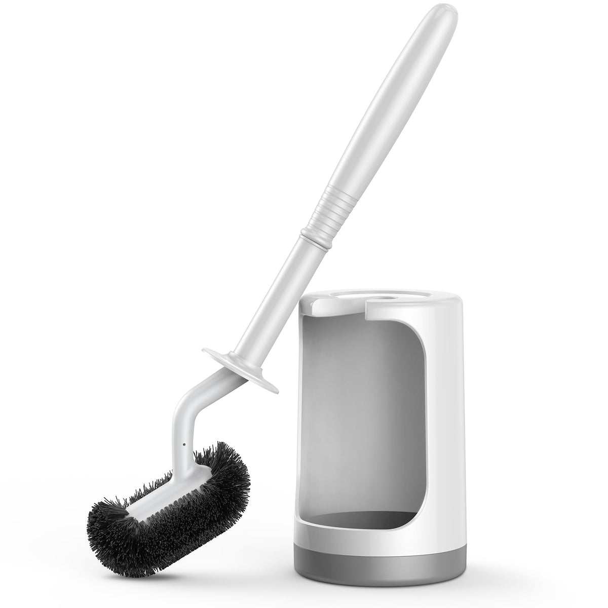 HAMITOR Toilet Bowl Brush Holder Set: Curved Design with Holder for Deep Cleaning Under Rim - Compact Hidden Scrubber for Small Space - Modern RV Bathroom Accessories - Gray