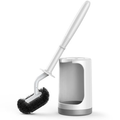 HAMITOR Toilet Bowl Brush Holder Set: Curved Design with Holder for Deep Cleaning Under Rim - Compact Hidden Scrubber for Small Space - Modern RV Bathroom Accessories - Gray