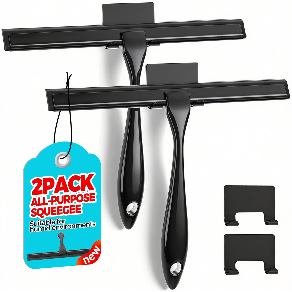 ALFLOD 2pcs Shower Squeegee for Glass Doors with Adhesive Hanging Hook Set