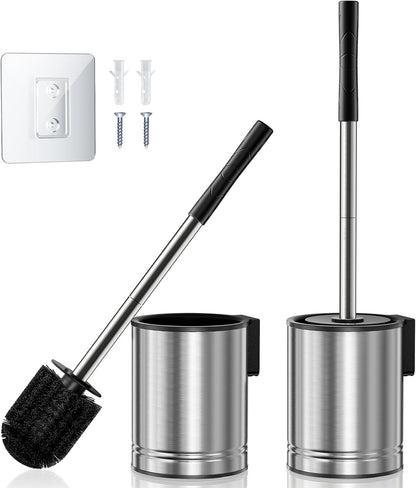 HAMITOR Toilet Brush and Holder Set: 2 Pack Stainless Steel Rustproof Kits with Deep Cleaning Bristles - Hidden Toilet Cleaner Scrubber for Homeowners - Compact Bathroom Accessories for Home RV Silver