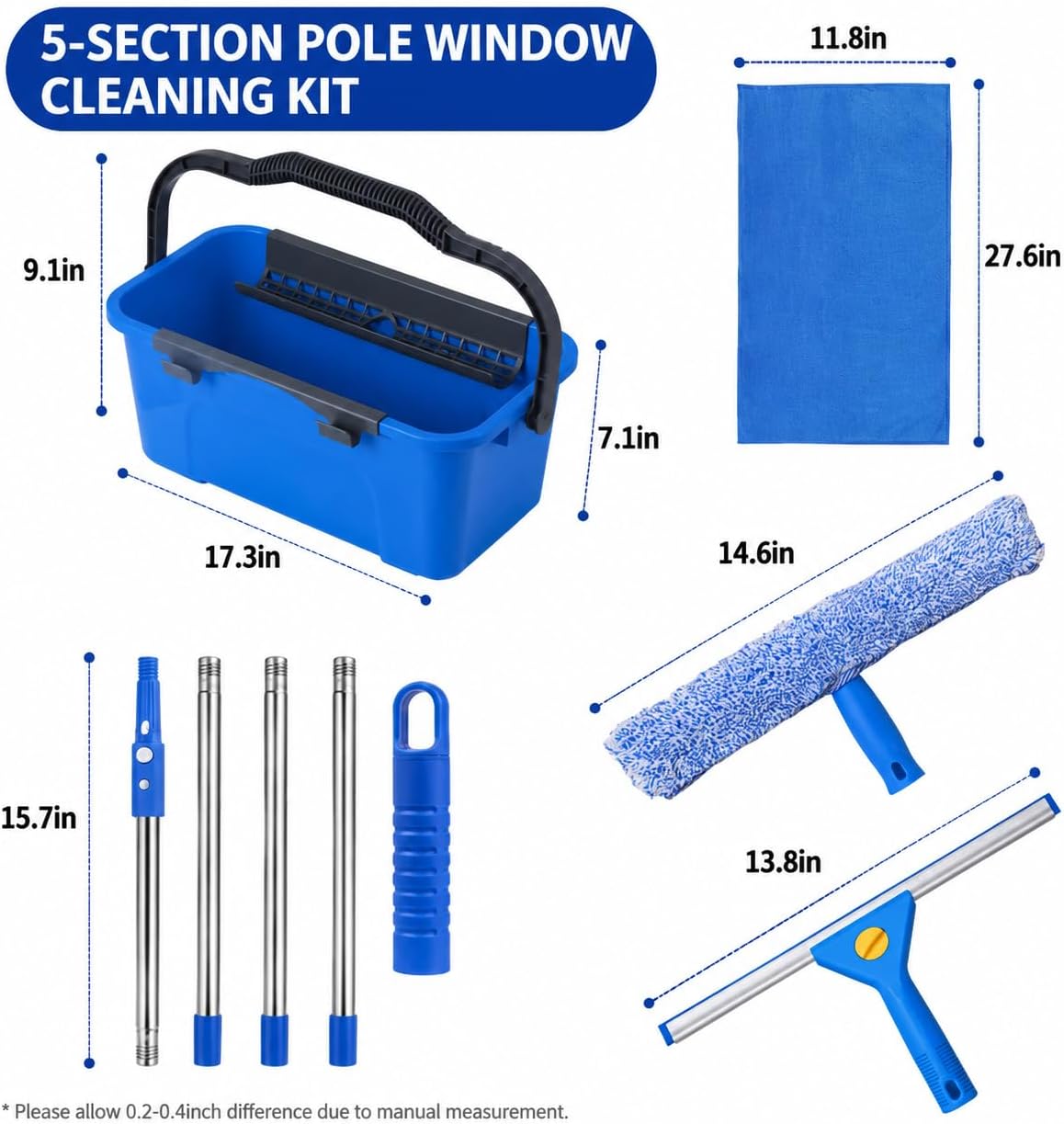 Window Cleaning Kit with 3-Gallon Bucket, 76-Inch Pole and Glass Squeegee