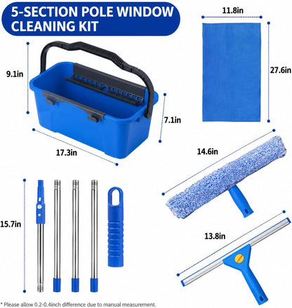 Window Cleaning Kit with 3-Gallon Bucket, 76-Inch Pole and Glass Squeegee