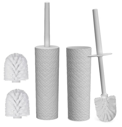Topsky Toilet Brush & Holder Set, 2 Pack Plastic Round Barrel Loo Brush with 2 Replacement Heads, Durable for Bathroom, White