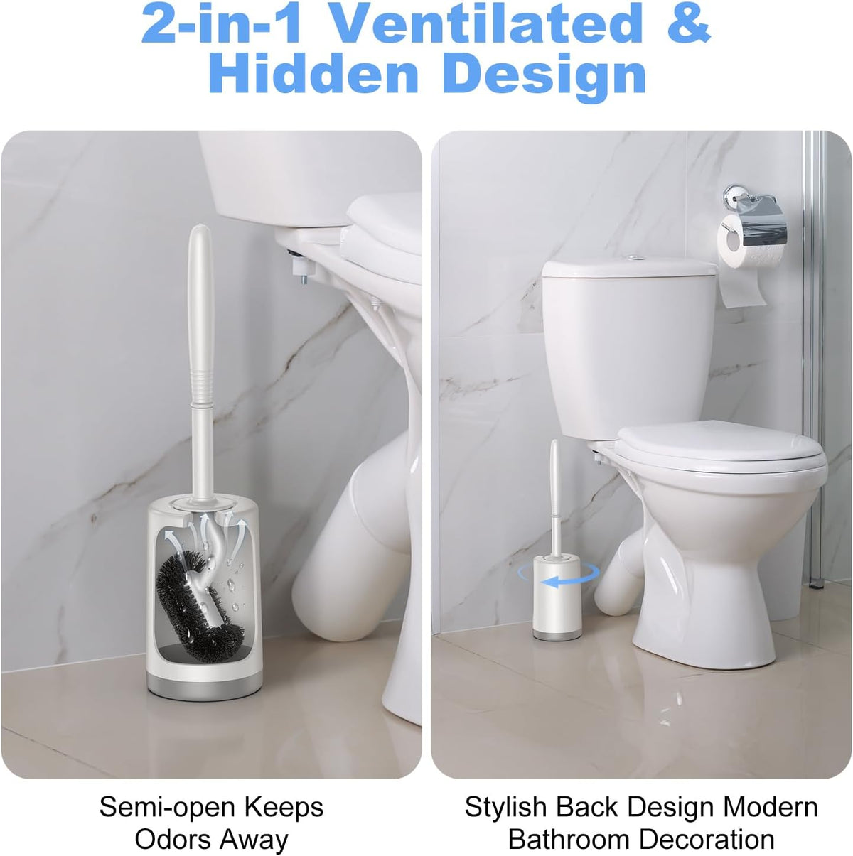 HAMITOR Toilet Bowl Brush Holder Set: Curved Design with Holder for Deep Cleaning Under Rim - Compact Hidden Scrubber for Small Space - Modern RV Bathroom Accessories - White 1 Pack