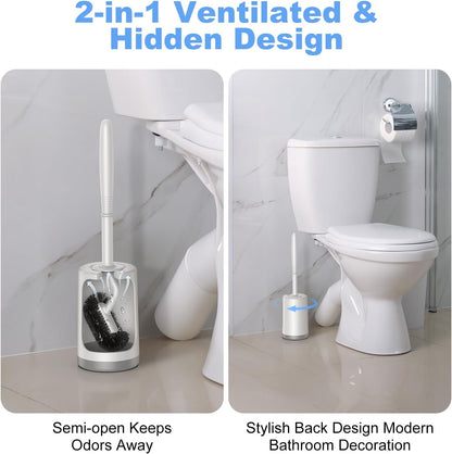 HAMITOR Toilet Bowl Brush Holder Set: Curved Design with Holder for Deep Cleaning Under Rim - Compact Hidden Scrubber for Small Space - Modern RV Bathroom Accessories - White 1 Pack
