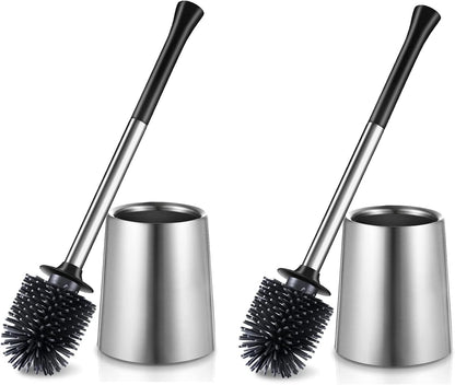 HAMITOR Toilet Bowl Brush Holder Set: 2Pack Silicone Stainless Steel Deep Cleaning Toilet Cleaner Brush for Bathroom Restroom - Compact Modern Rv Toilet Scrubber Accessories with Caddy