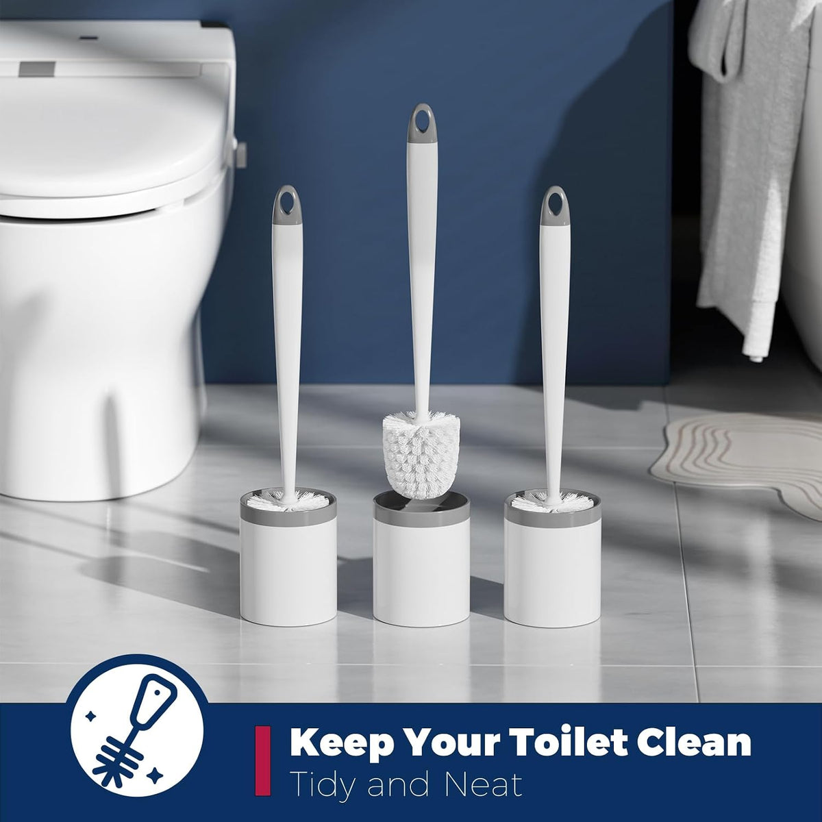 Holaloha Toilet Brush and Holder Set, Compact Design, 3 Pack, White