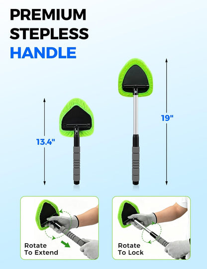XINDELL Interior Windshield Cleaner Tool – Car Interior Window Cleaning Kit with Extendable Handle & 4 Microfiber Pads, Auto Wiper Inside Compact Windshield Brush for Car & Home Windows