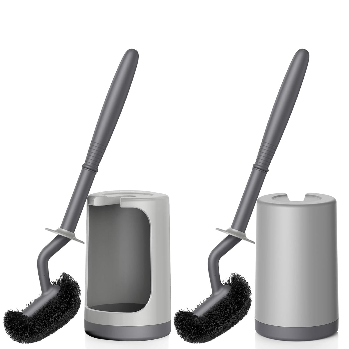 HAMITOR Toilet Bowl Brush Holder Set: Curved Design with Holder for Deep Cleaning Under Rim - Compact Hidden Scrubber for Small Space - Modern RV Bathroom Accessories - Gray