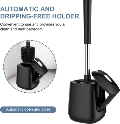 SetSail Toilet Brush and Holder, Self Closing Lid Toilet Bowl Brushes Holder and Extra Long Handle Ventilated Toilet Brush Set for Bathroom Cleaning, Nylon Bristles, Black