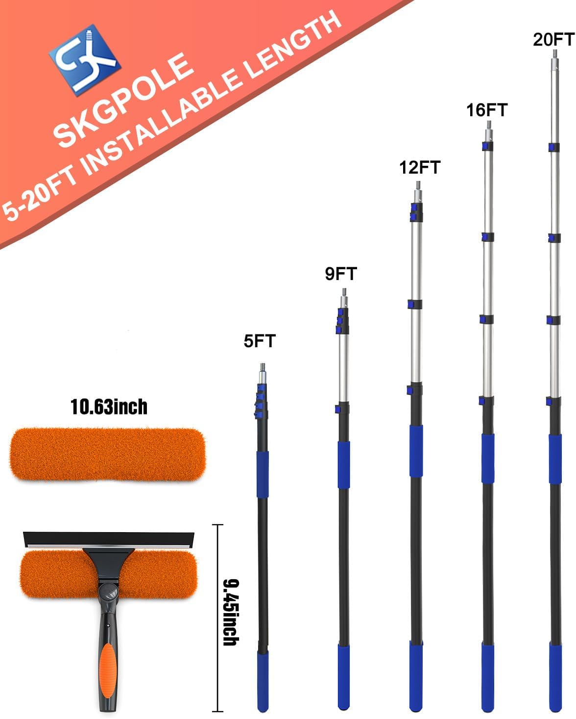 26FT Reach Window Squeegee for Window Cleaning Kit with 5-20 Foot Telescoping Extension Pole, 2 in 1 Window Squeegee, Cobweb Duster, Dust Kit Window Washing Kit for Car, Shower Glass Door