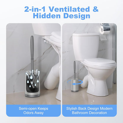HAMITOR Toilet Bowl Brush Holder Set: Curved Design with Holder for Deep Cleaning Under Rim - Compact Hidden Scrubber for Small Space - Modern RV Bathroom Accessories - Gray