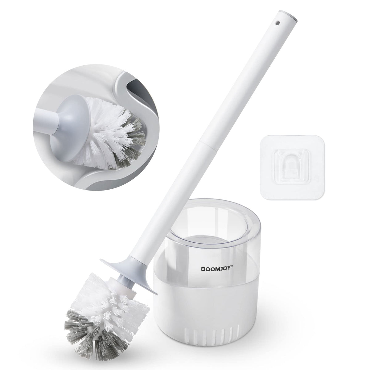 BOOMJOY Toilet Brush and Holder Set, Silicone Toilet Bowl Cleaner Brush, Bathroom Cleaning Bowl Kit with Tweezers, Bathroom Accessories with Aluminum Handle - White