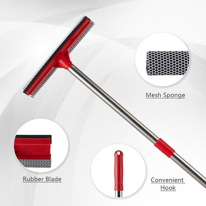 2-in-1 Window Squeegee with 30"-59" Stainless Steel Adjustable Handle - Glass Cleaner for Shower Doors, Car Windshield & High Outdoor Windows (Red)