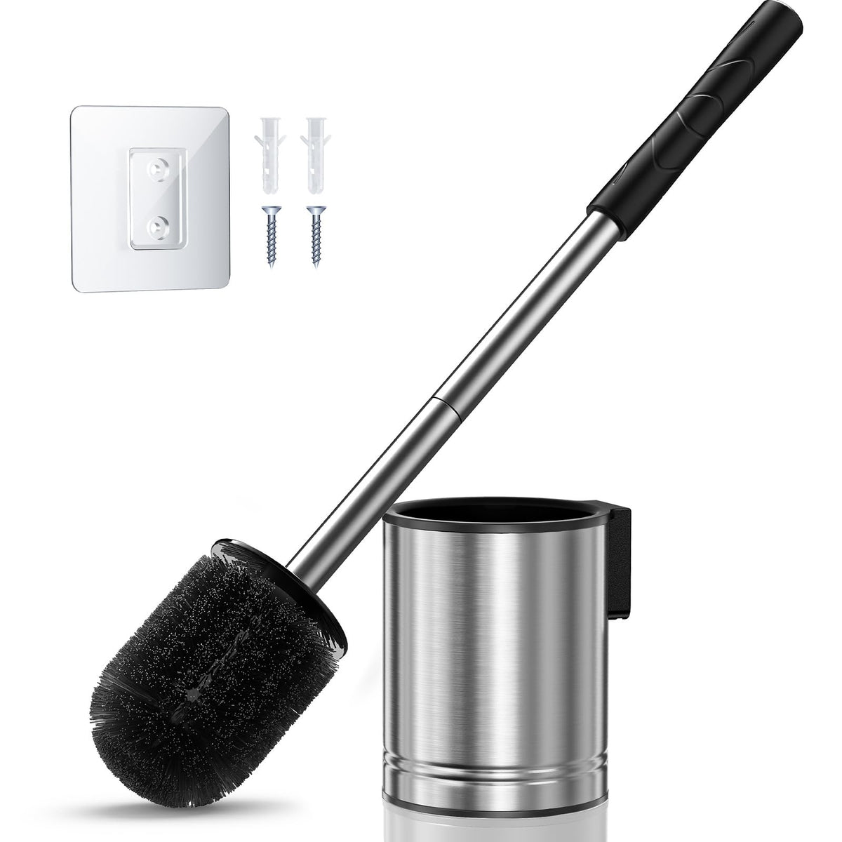 HAMITOR Toilet Brush and Holder Set: 2 Pack Stainless Steel Rustproof Kits with Deep Cleaning Bristles - Hidden Toilet Cleaner Scrubber for Homeowners - Compact Bathroom Accessories for Home RV Silver