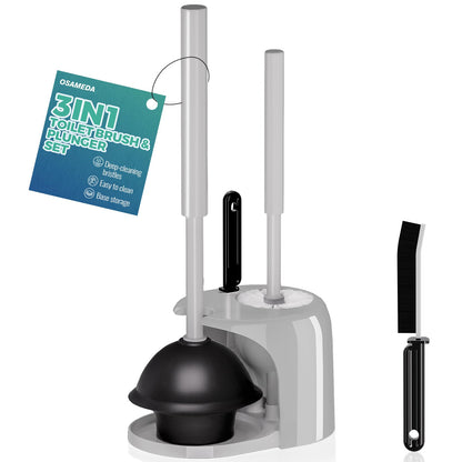 3 in 1 Toilet Brush and Plunger Set with Crevice Cleaning Brush, Toilet Plunger and Brush Set with Extra Long Handle, Plungers for Bathroom Accessories, Toilet Plunger with Holder, Black
