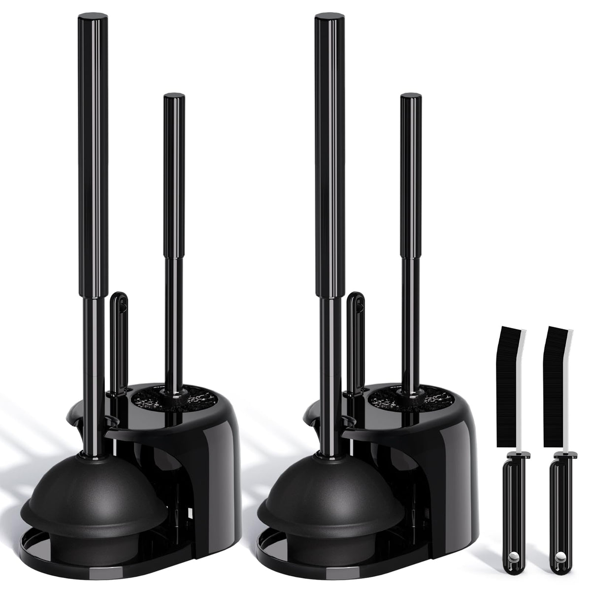 3 in 1 Toilet Brush and Plunger Set with Crevice Cleaning Brush, Toilet Plunger and Brush Set with Extra Long Handle, Plungers for Bathroom Accessories, Toilet Plunger with Holder, Black
