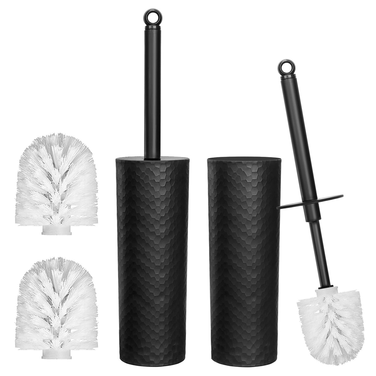 Topsky Toilet Brush & Holder Set, 2 Pack Plastic Round Barrel Loo Brush with 2 Replacement Heads, Durable for Bathroom, White