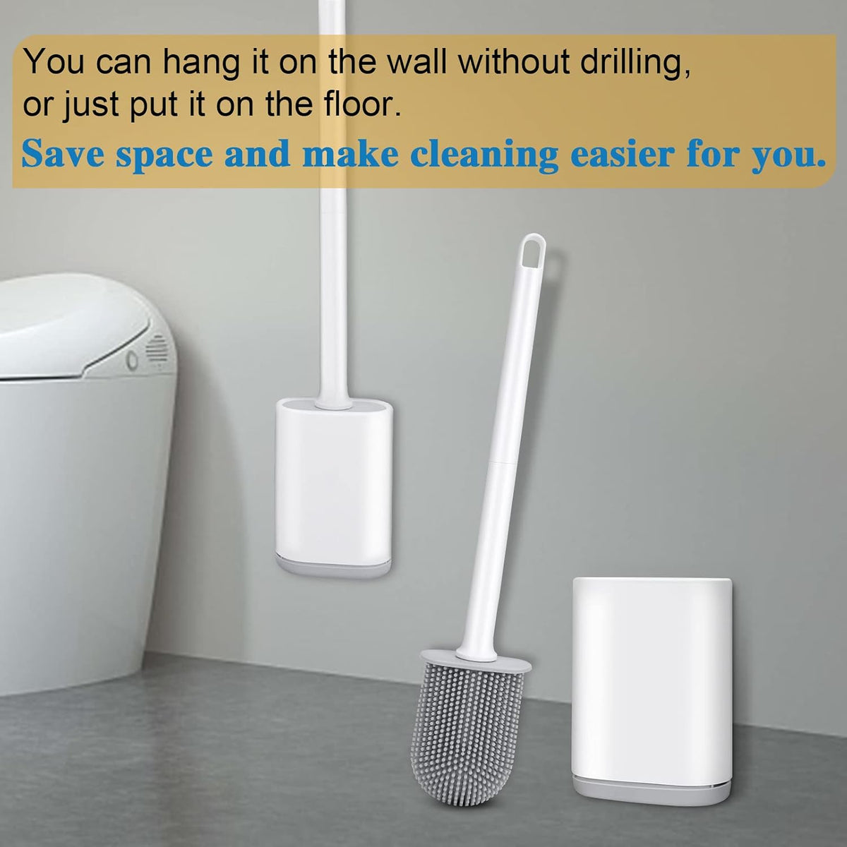 Silicone Toilet Brush and Holder, Wall Mounted No Rust Problem White
