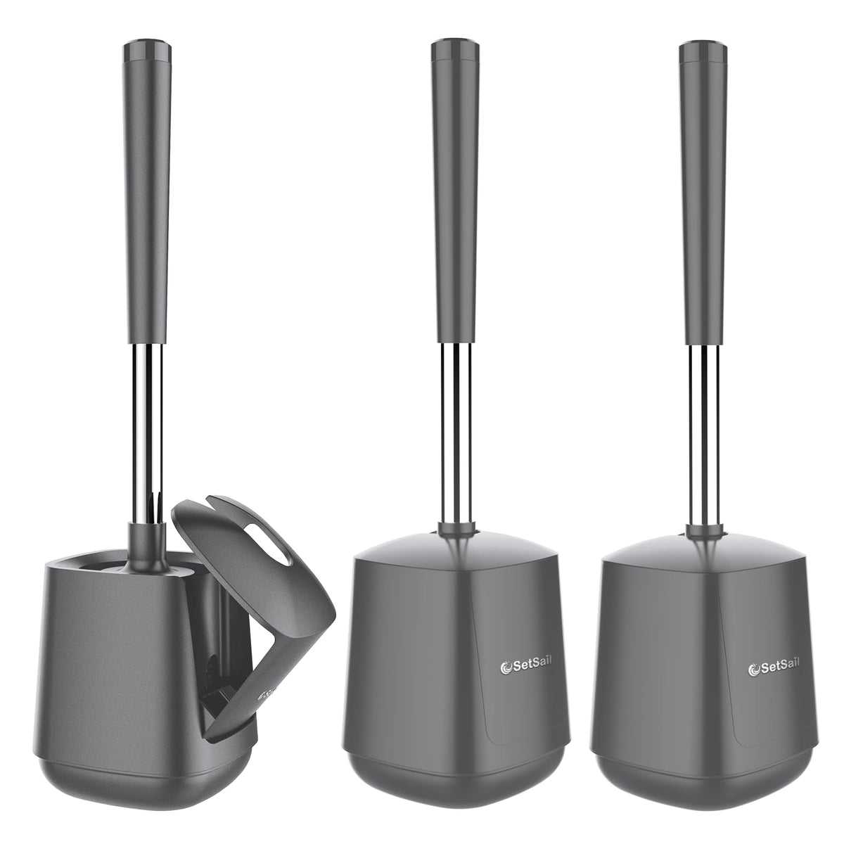 SetSail Toilet Brush and Holder, Self Closing Lid Toilet Bowl Brushes Holder and Extra Long Handle Ventilated Toilet Brush Set for Bathroom Cleaning, Nylon Bristles, Black