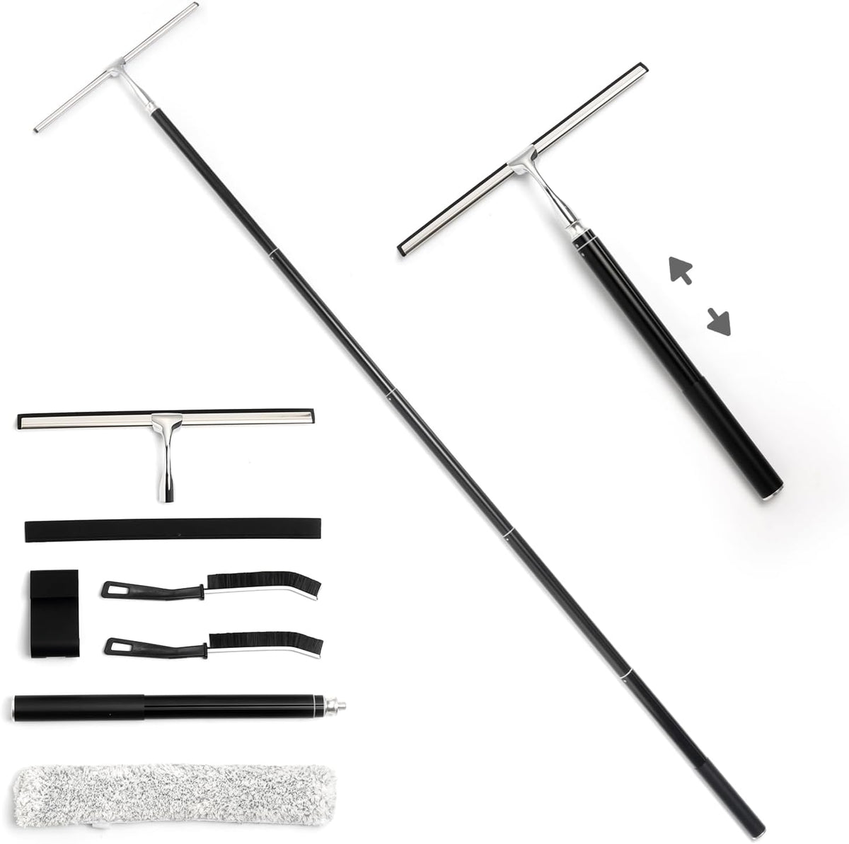 17“- 60" Extendable Long Handle 2-in-1 Window Squeegee Silver