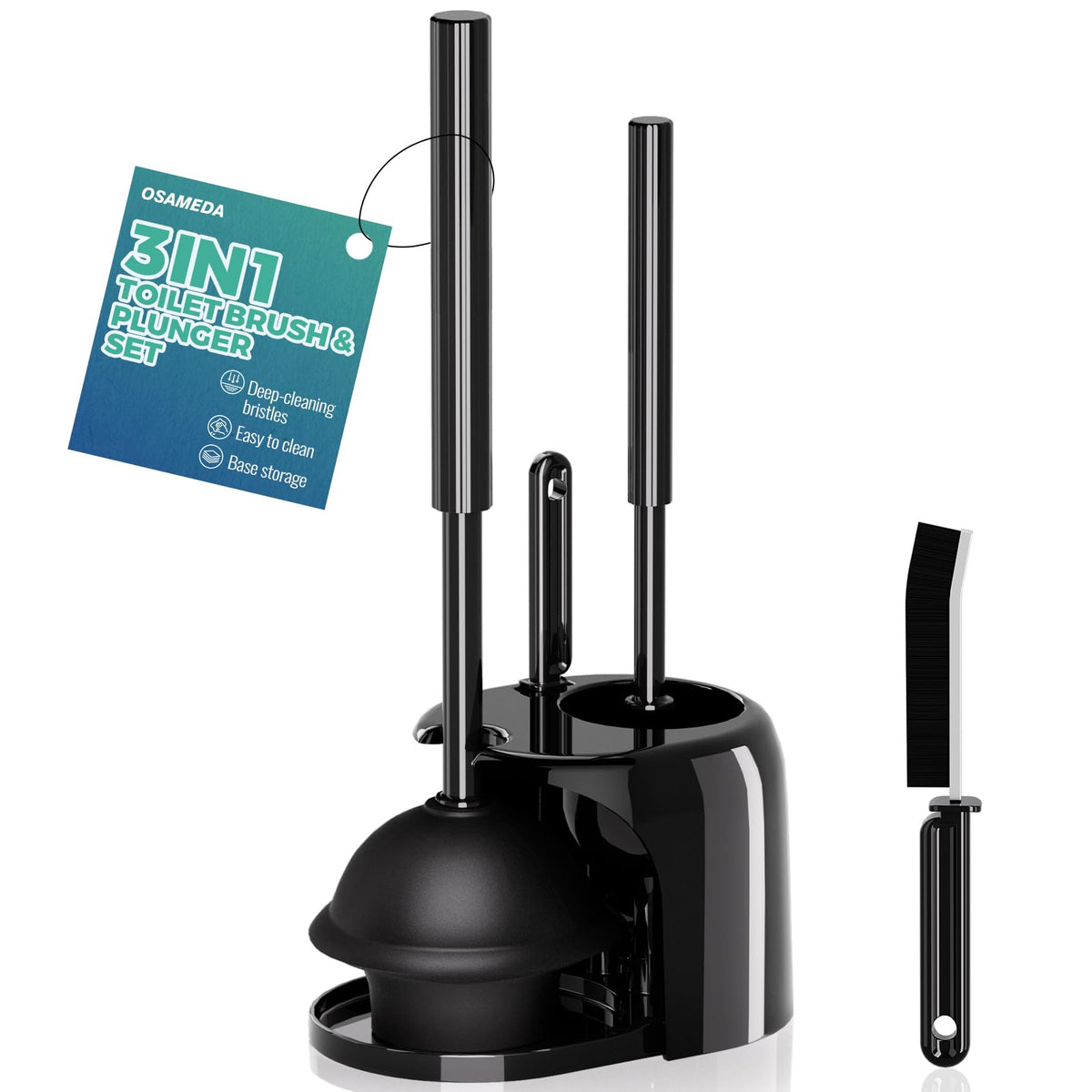 3 in 1 Toilet Brush and Plunger Set with Crevice Cleaning Brush, Toilet Plunger and Brush Set with Extra Long Handle, Plungers for Bathroom Accessories, Toilet Plunger with Holder, Black