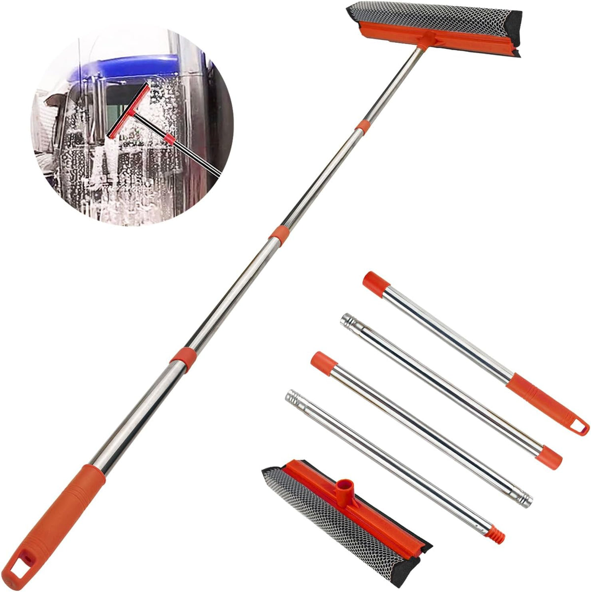 Window Squeegee for Window Cleaning, Squeegee Window Cleaner Tool 2 in 1 Car Window Cleaning Tool with Extension Pole 58‘’ Telescopic Window Washing Equipment, Shower Squeegee for Shower Glass Door