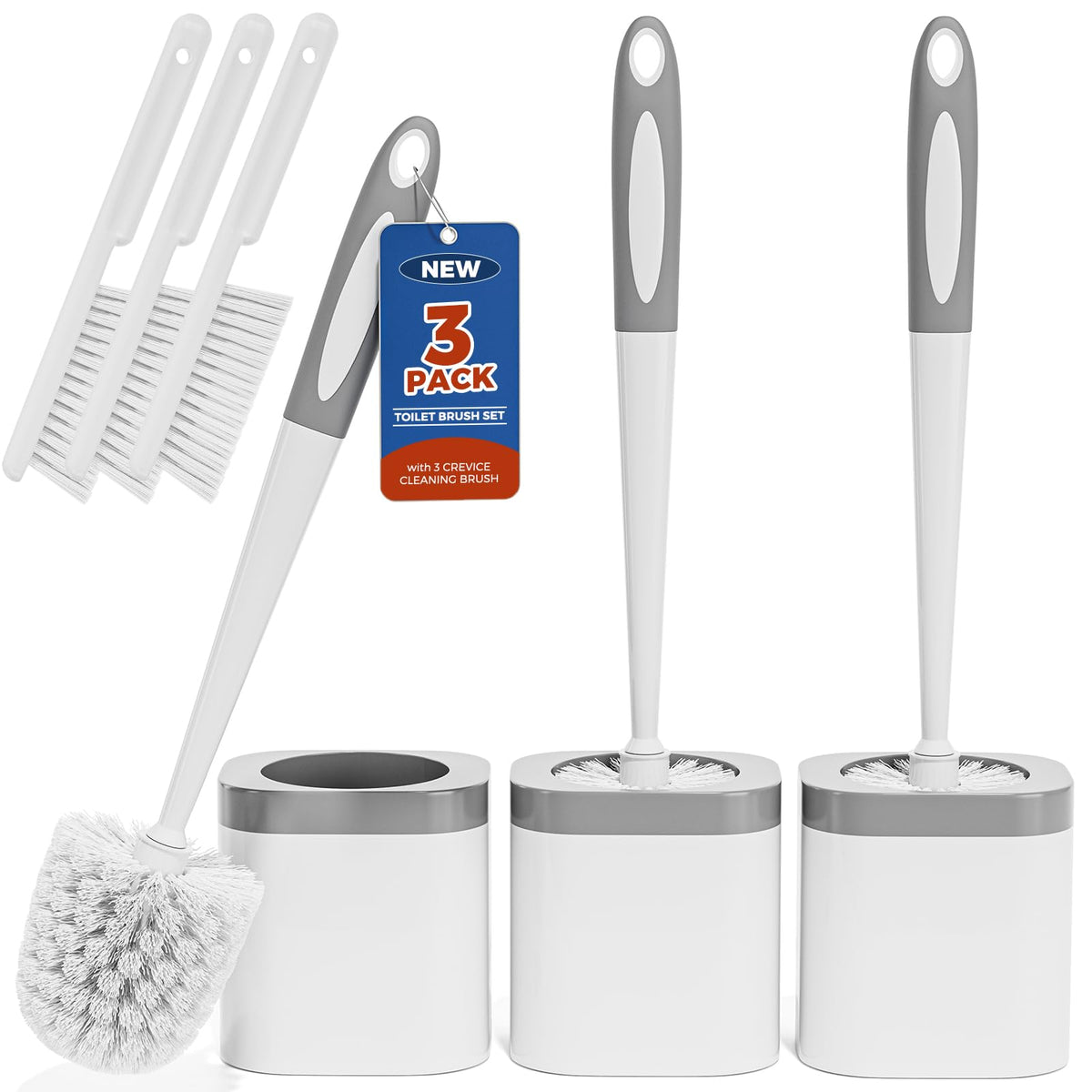 Holaloha Toilet Brush and Holder Set, Space Saving, 3 Pack, White